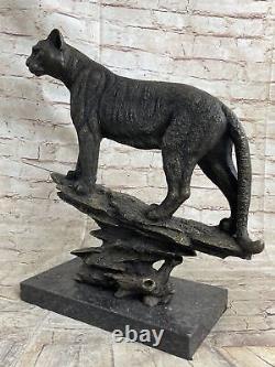 Signed Grand Bugatti Mountain Lion Bronze Sculpture Marble Base Figurine Decor