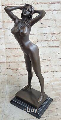 Signed High Quality Art Deco Bronze Chair Girl Marble Base Statue Decor