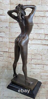 Signed High Quality Art Deco Bronze Chair Girl Marble Base Statue Decor