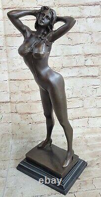 Signed High Quality Art Deco Bronze Chair Girl Marble Socle Statue Bronze