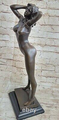 Signed High Quality Art Deco Bronze Chair Girl Marble Socle Statue Bronze