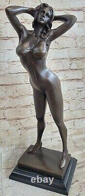 Signed High Quality Art Deco Bronze Chair Girl Marble Socle Statue Nr