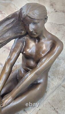 Signed High Quality Art Deco Nude Girl Bronze Sculpture Statue Marble Base Nr
