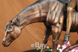 Signed J. Frazer American Indian Man On Horse Bronze Sculpture Marble Base