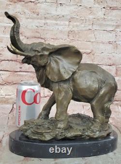 Signed Large African Elephant Safari Bronze Sculpture Marble Statue by Art