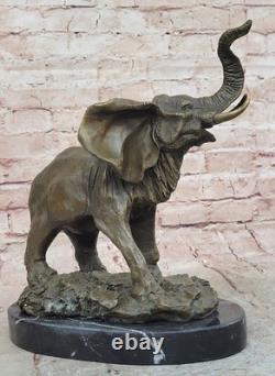 Signed Large African Elephant Safari Bronze Sculpture Marble Statue by Art
