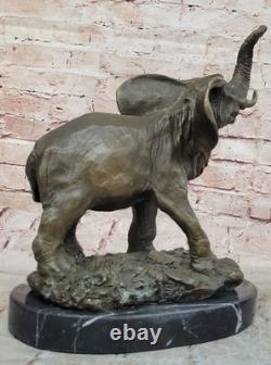 Signed Large African Elephant Safari Bronze Sculpture Marble Statue by Art