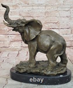 Signed Large African Elephant Safari Bronze Sculpture Marble Statue by Art