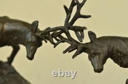 Signed Large Barye Two Antler Reindeer Bronze Sculpture Figurine Marble Base
