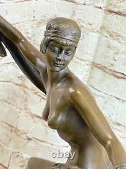 Signed Large Beauty Ribbon Dancer Bronze Sculpture Marble Base Statue Art