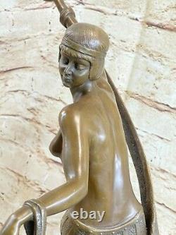 Signed Large Beauty Ribbon Dancer Bronze Sculpture Marble Base Statue Art