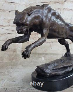 Signed Large Bugatti Mountain Lion Bronze Sculpture Marble Base Case Nr