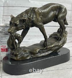 Signed Lecourtier Wolf Bronze Sculpture Statue with Marble Base Figurine Gift