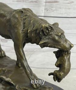 Signed Lecourtier Wolf With Bronze Sculpture Statue Marble Base Figurine Gift