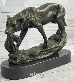 Signed Lecourtier Wolf with Bronze Cub Sculpture Statue Figurine Marble Base