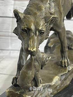 Signed Lecourtier Wolf with Bronze Cub Sculpture Statue Figurine Marble Base