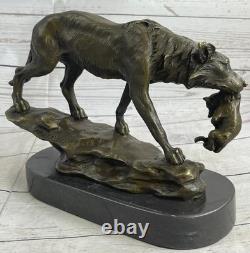 Signed Lecourtier Wolf with Bronze Sculpture Marble Figurine Base