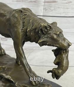 Signed Lecourtier Wolf with Lion Cub Bronze Sculpture Statue Marble Base Figurine