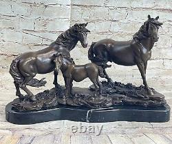Signed Mene 3 Standing Horses Marble Base Art Figure Bronze Sculpture Statue