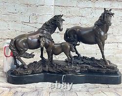 Signed Mene 3 Standing Horses Marble Base Art Figure Bronze Sculpture Statue