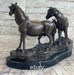 Signed Mene 3 Standing Horses Marble Base Art Figurine Bronze Sculpture Statue