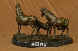 Signed Mene 3 Standing Horses Marble Base Figurine Art Bronze Statue