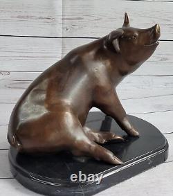 Signed Mene Porky Pig Bronze Sculpture Farm Animal Marble Base Figure Opens