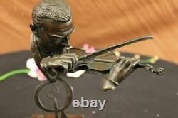 Signed Milo Abstract Man Playing Violin Bronze Bust Sculpture Marble Base