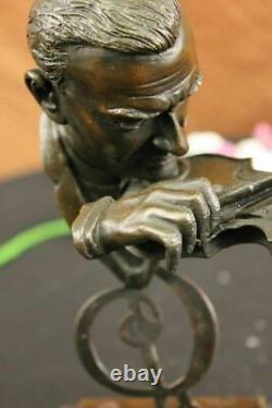 Signed Milo Abstract Man Playing Violin Bronze Bust Sculpture Marble Base