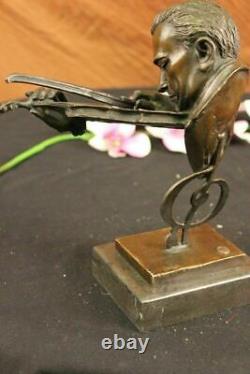 Signed Milo Abstract Man Playing Violin Bronze Bust Sculpture Marble Base