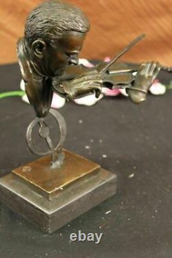 Signed Milo Abstract Man Playing Violin Bronze Bust Sculpture Marble Base