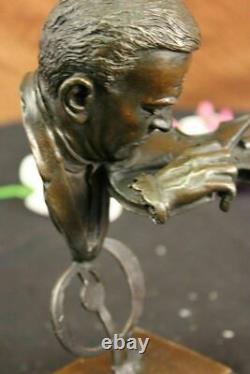 Signed Milo Abstract Man Playing Violin Bronze Bust Sculpture on Marble Base