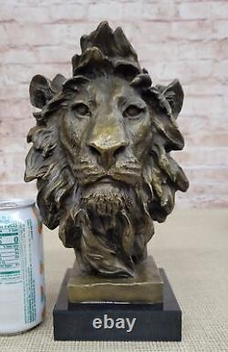 Signed Milo African Male Lion Bust Bronze Marble Sculpture Statue Decor Opens