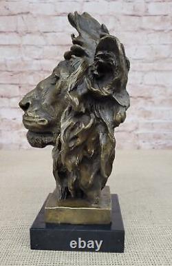 Signed Milo African Male Lion Bust Bronze Marble Sculpture Statue Decor Opens