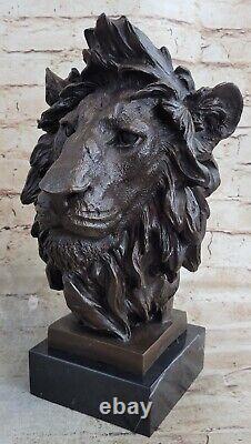 Signed Milo African Male Lion Bust Bronze Marble Sculpture Statue Figure