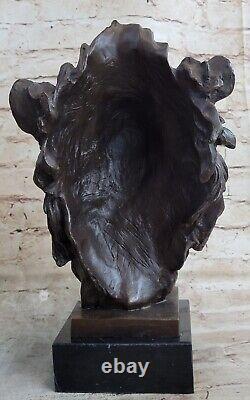 Signed Milo African Male Lion Bust Bronze Marble Sculpture Statue Figure