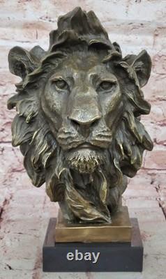 Signed Milo African Male Lion Bust Bronze Marble Sculpture Statue Figurine