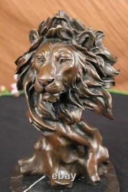 Signed Milo African Male Lion Bust Bronze Marble Sculpture Statue Figurine