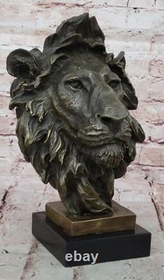 Signed Milo African Male Lion Bust Bronze Marble Sculpture Statue Figurine