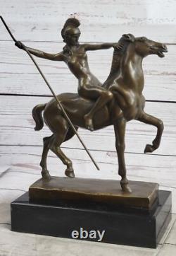 Signed Milo Chair Woman Equestrian Horse Bronze Statue Marble Base Figurine