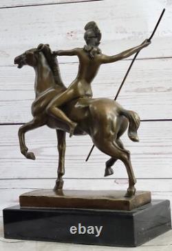 Signed Milo Chair Woman Equestrian Horse Bronze Statue Marble Base Figurine