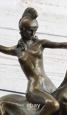 Signed Milo Chair Woman Equestrian Horse Bronze Statue Marble Base Figurine