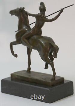 Signed Milo Chair Woman Equitation Horse Bronze Statue Marble Base Figure