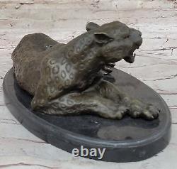 Signed Milo Jaguar Wildlife Animal on Marble Base Handcrafted Bronze Statue