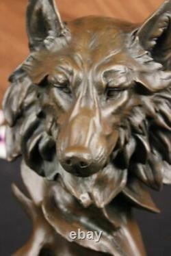 Signed Milo Sauvage Wolf Bronze Marble Bust Sculpture Statue Figure Art Deco