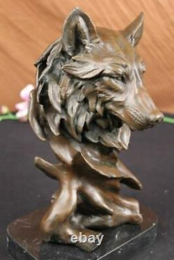 Signed Milo Sauvage Wolf Bronze Marble Bust Sculpture Statue Figure Art Deco