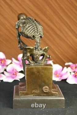 Signed Milo Skeleton Thinker Tribute to Rodin Bronze Sculpture Statue Marble