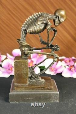 Signed Milo Skeleton Thinker Tribute to Rodin Bronze Sculpture Statue Marble