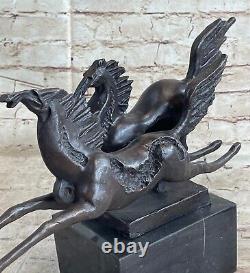 Signed Milo Two Race Horses Marble Base Art Figure Bronze Sculpture Statue
