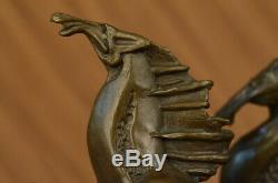Signed Milo Two Race Horses Marble Base Figurine Art Bronze Statue